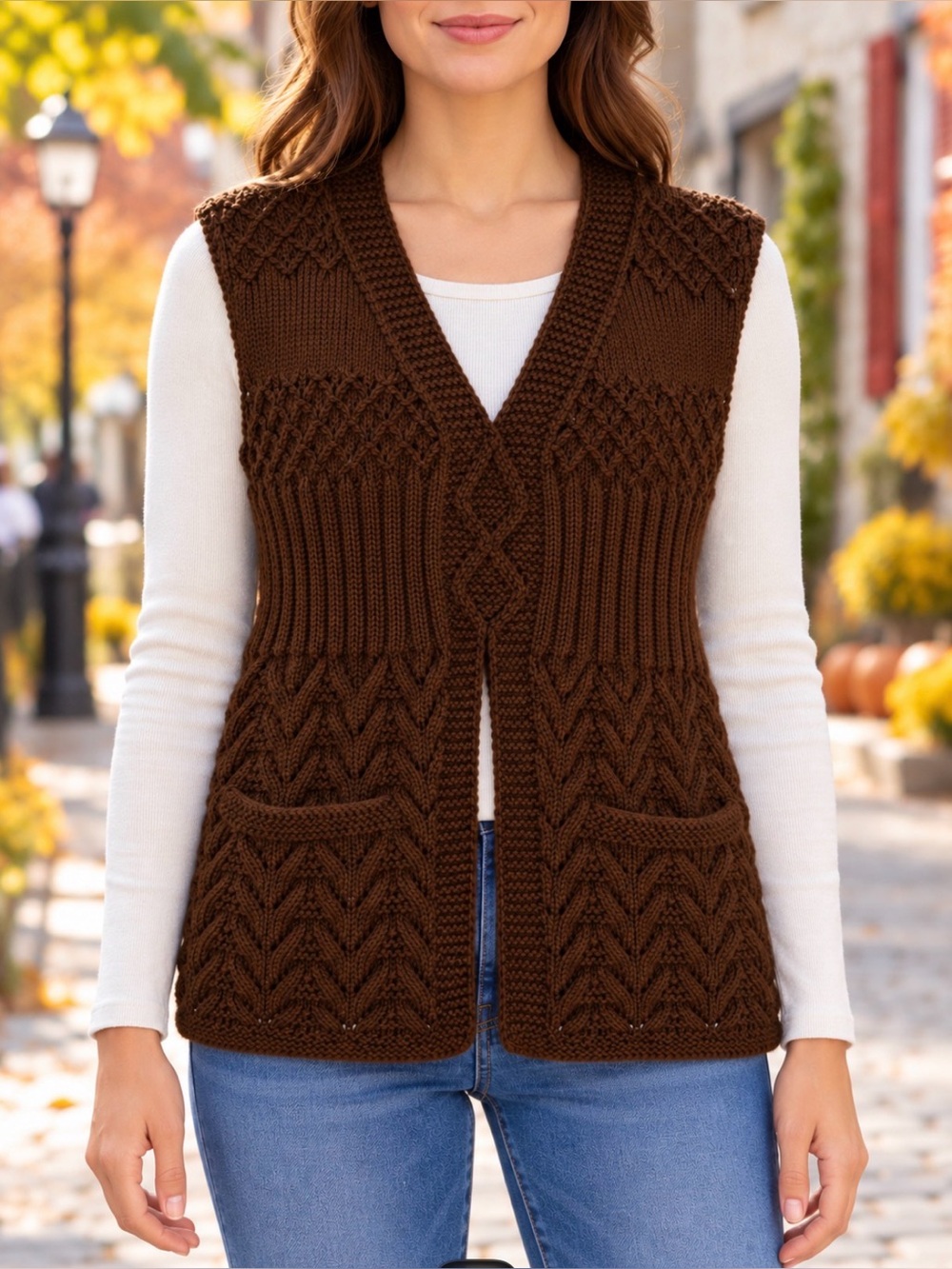 Hand Knit Brown & Cream Sweater Vest with Pockets